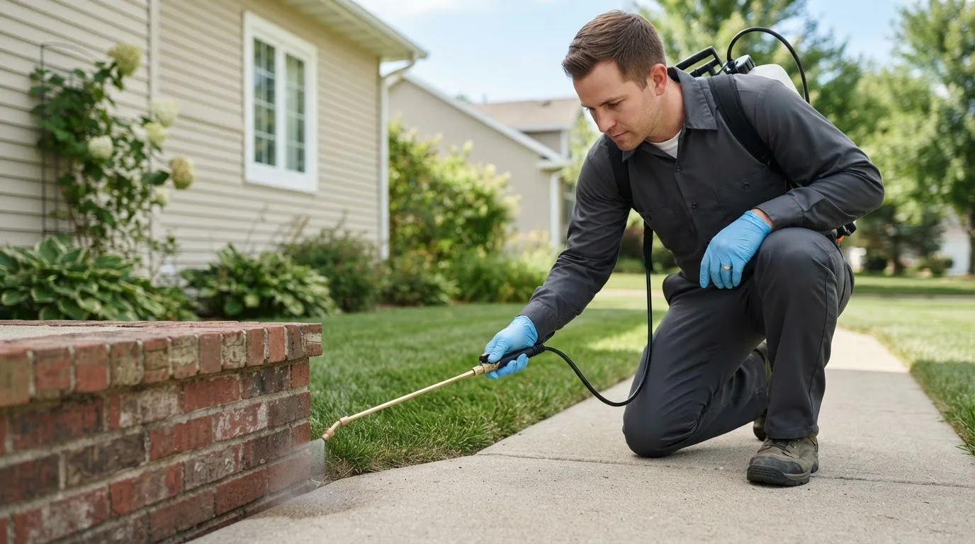 Pest control technician treating a home near New Castle, KY
